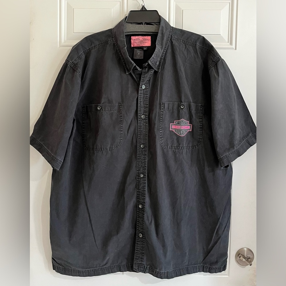 VTG Harley-Davidson Shirt Men’s 2X Dress Black Pink Logo Work Button Down Biker - Picture 1 of 10